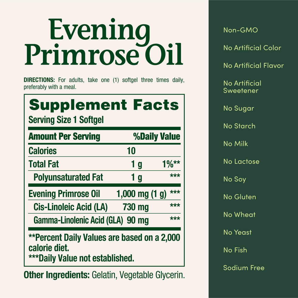 Label on Nature's Bounty Primrose Oil shows 90 mg GLA potency.