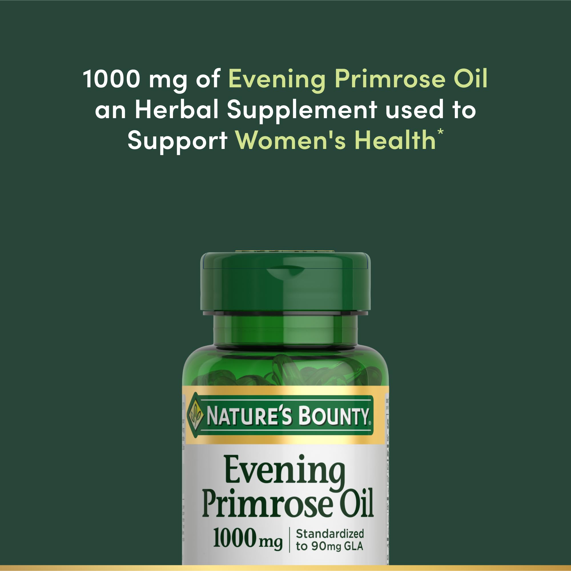 Nature's Bounty Primrose Oil bottle with gluten-free label visible.