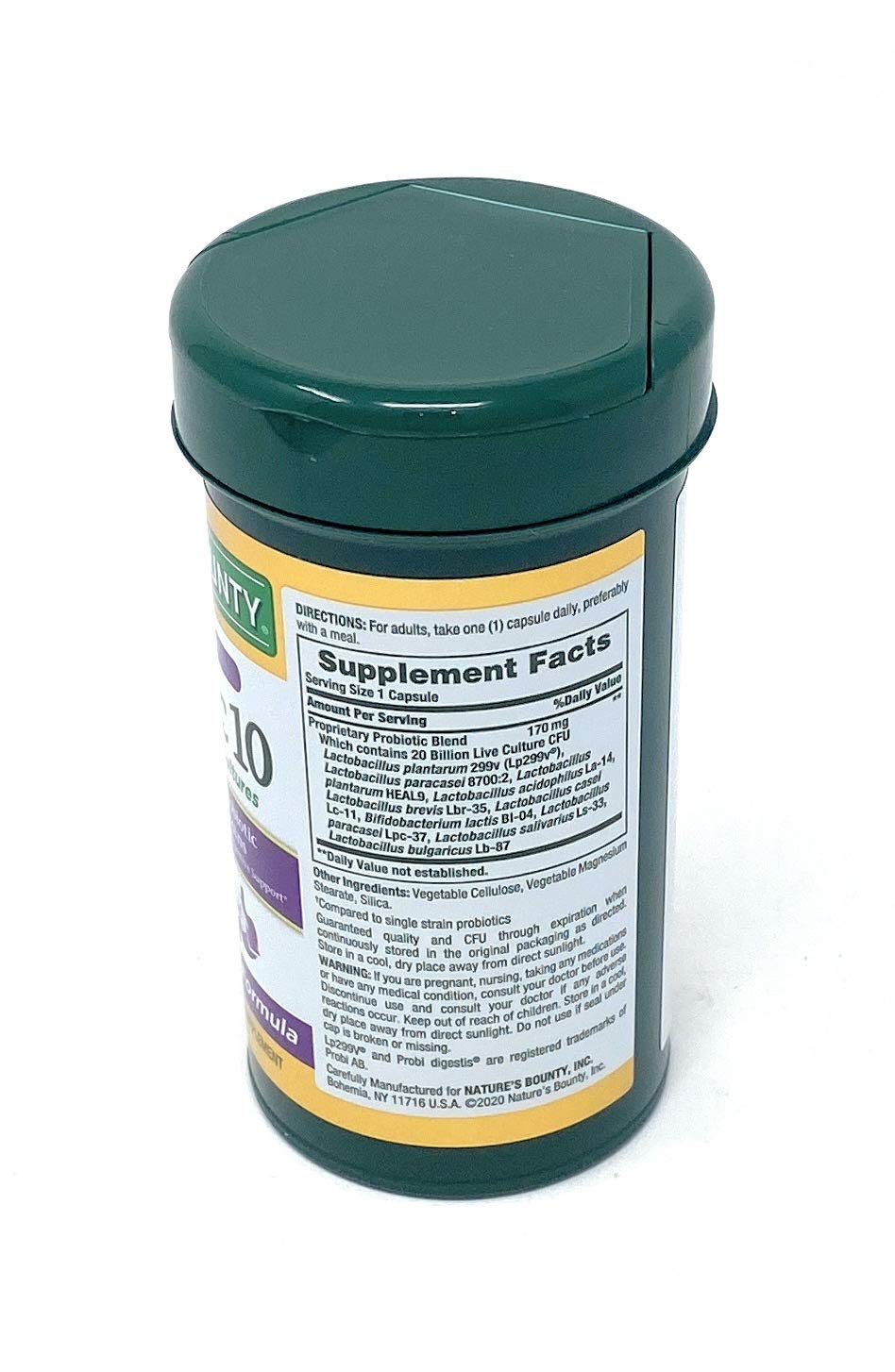 Nature's Bounty Probiotic 10 bottle front view highlights 10-strain blend for everyday wellness.