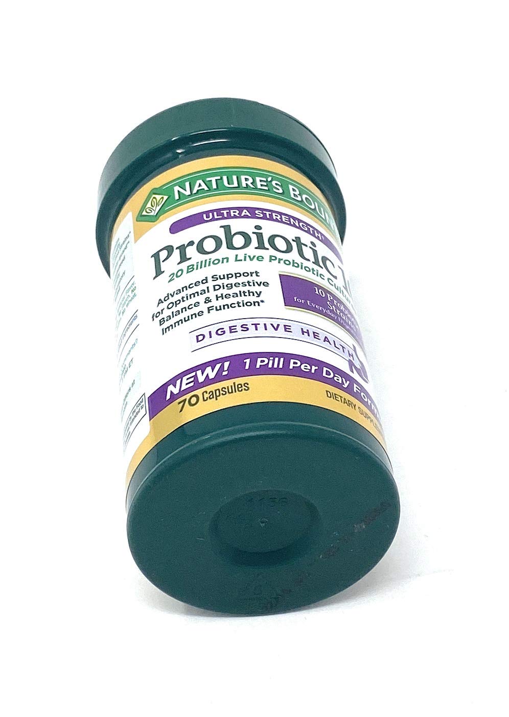 Nature's Bounty Probiotic 10 label close-up shows 20 billion cultures for daily support.