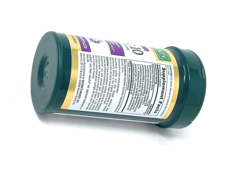 Nature's Bounty Probiotic 10 capsules beside water promote effortless daily use.