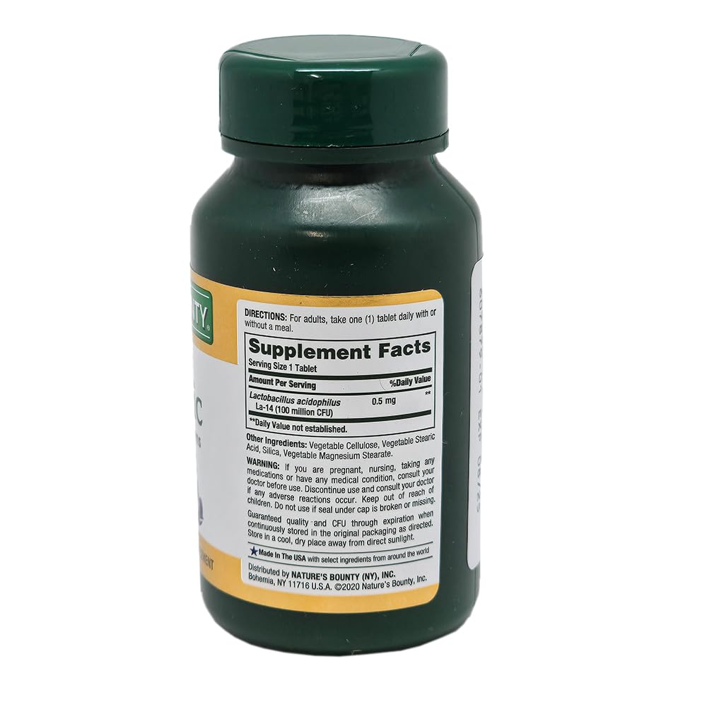 Nature's Bounty Probiotic Acidophilus Tablets label close-up highlighting Lactobacillus Acidophilus.