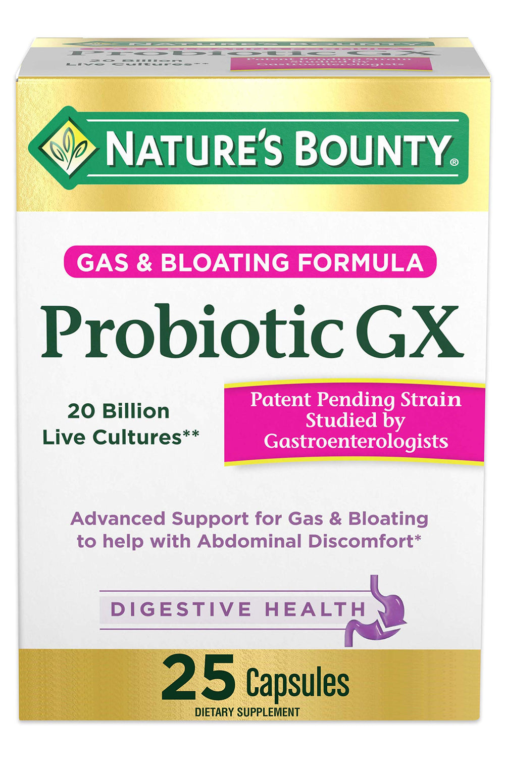 Nature's Bounty Probiotic GX bottle for daily digestive support.