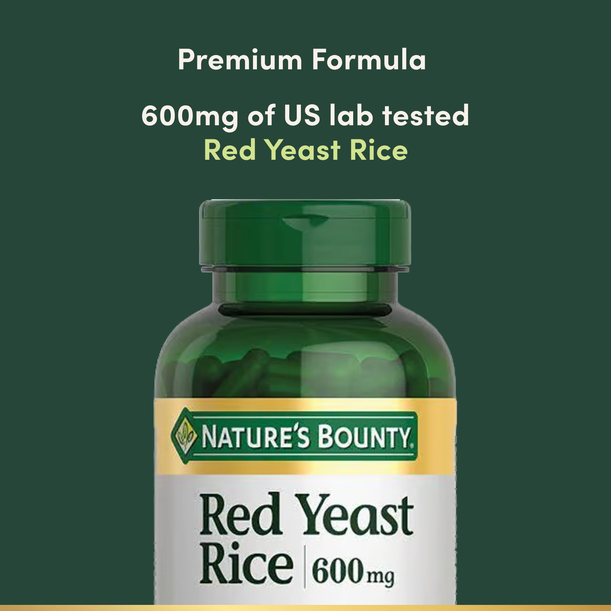 Nature's Bounty Red Yeast Rice label design emphasizing quality and lab-tested standards.