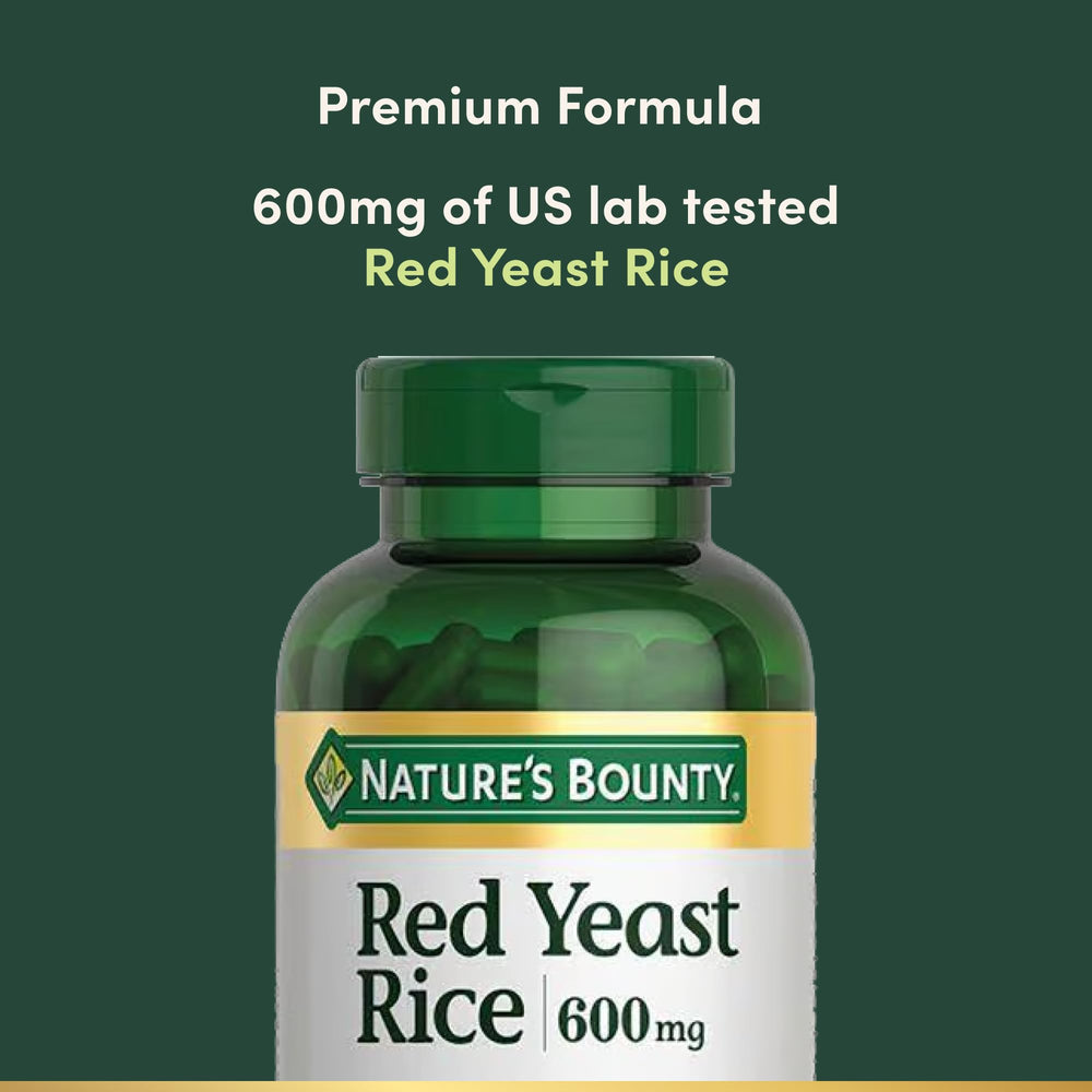 Nature's Bounty Red Yeast Rice label design emphasizing quality and lab-tested standards.