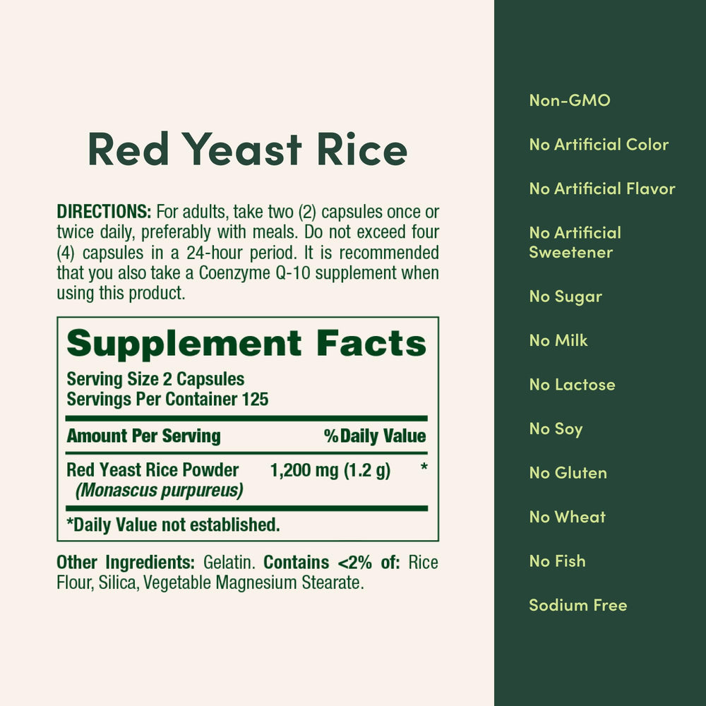 Nature's Bounty Red Yeast Rice capsules with two-per-day serving alongside meals.
