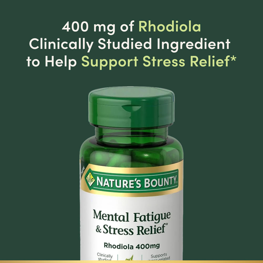 Nature's Bounty Rhodiola root adaptogen capsules supporting stress response.