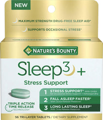 Nature's Bounty Sleep3+ Stress Support bottle front for calm evenings and easy shopping.