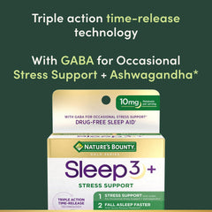 Nature's Bounty Sleep3+ Stress Support tri-layer tablet cross-section illustrating time release.