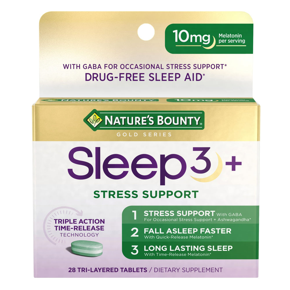 Nature's Bounty Sleep3 tri-layer tablets in a bottle for restful nights.
