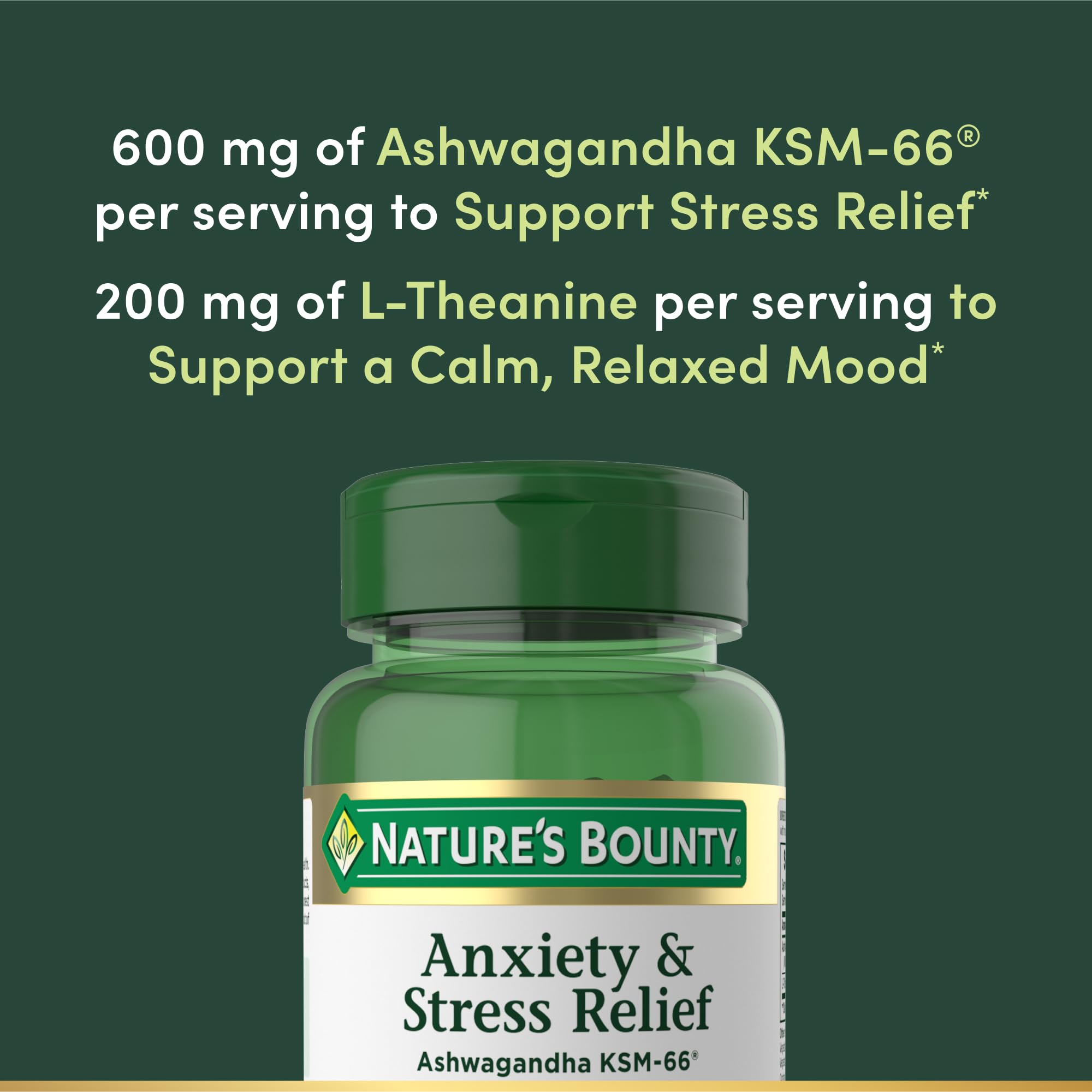 Nature's Bounty Stress Relief with 200 mg L-Theanine promotes relaxation and balanced mood