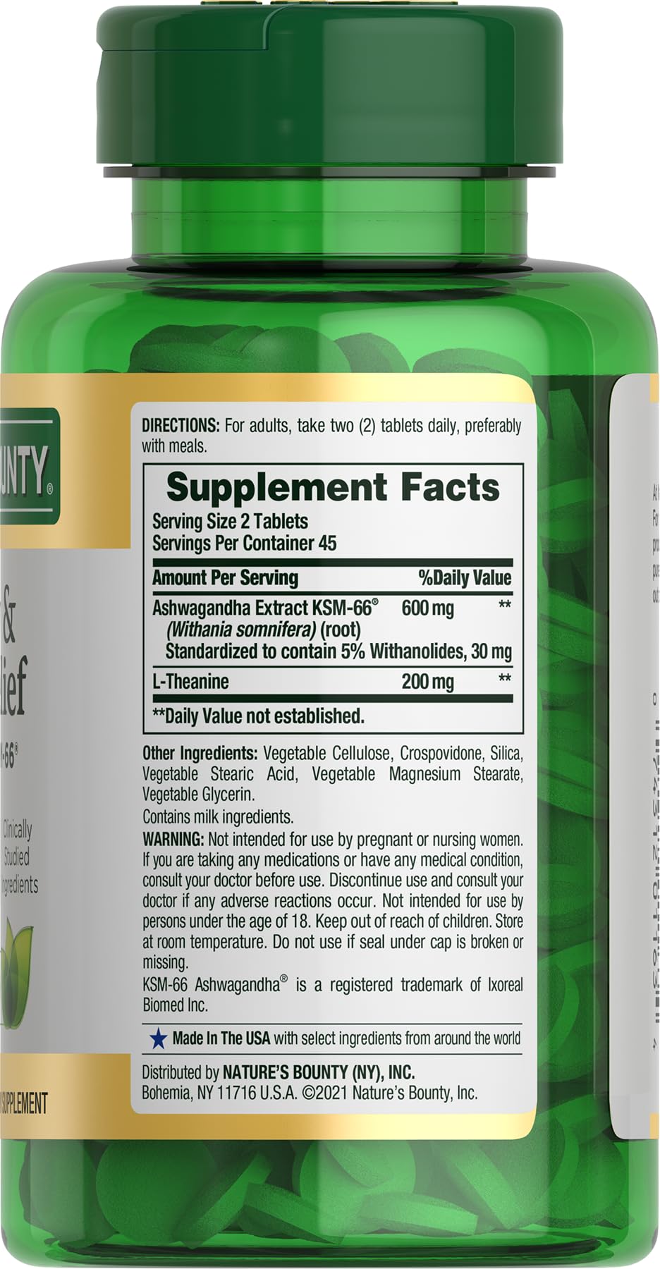 Nature's Bounty Stress Relief packaging emphasizes 90 tablets and two-tablet daily dose