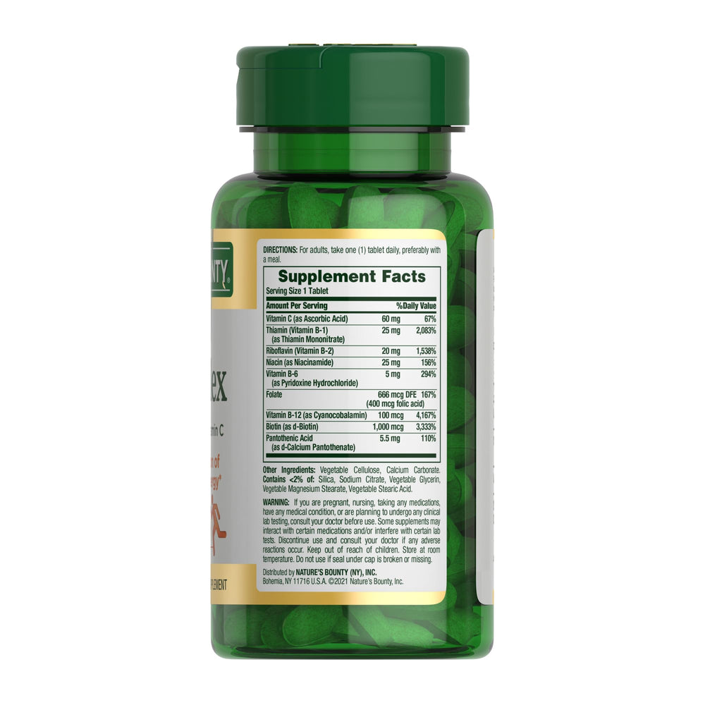 Nature's Bounty Super B Complex bottle nutrition facts and quality emphasis