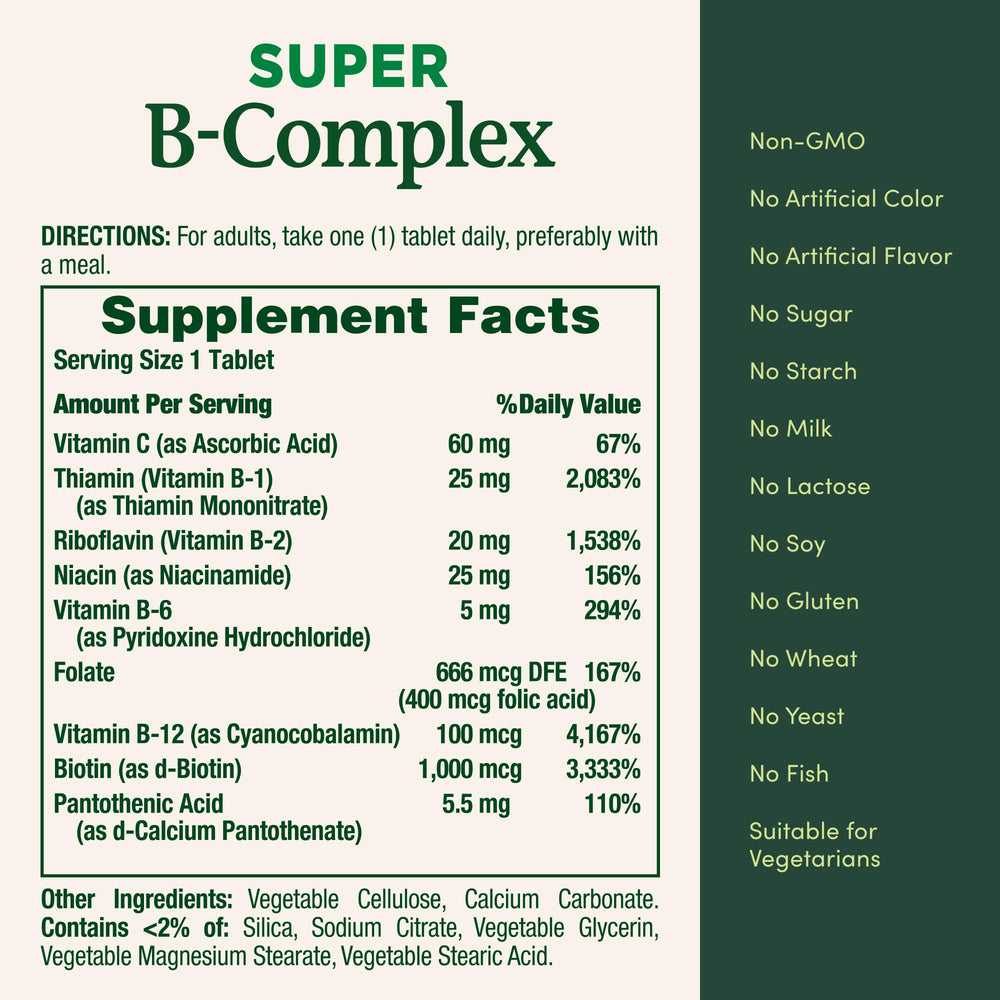 Nature's Bounty Super B Complex packaging box emphasizes clean formula