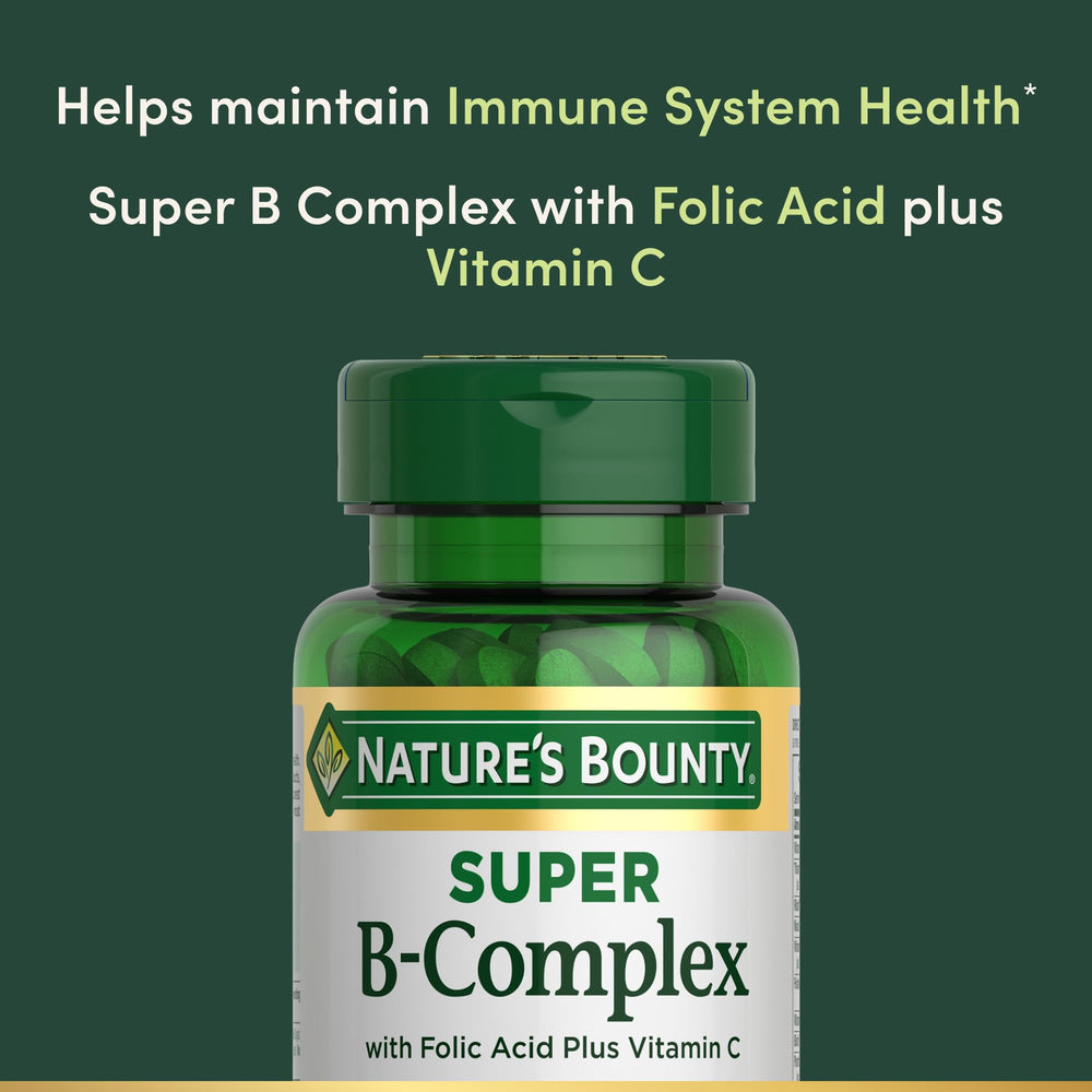 Closeup of Nature's Bounty Super B Complex pills highlighting essential B vitamins