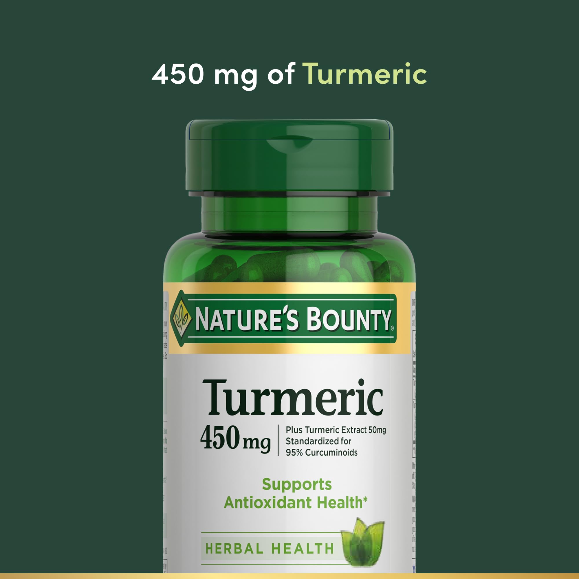 Nature's Bounty Turmeric capsules close-up of golden curcuminoid capsules for plant-based antioxidants