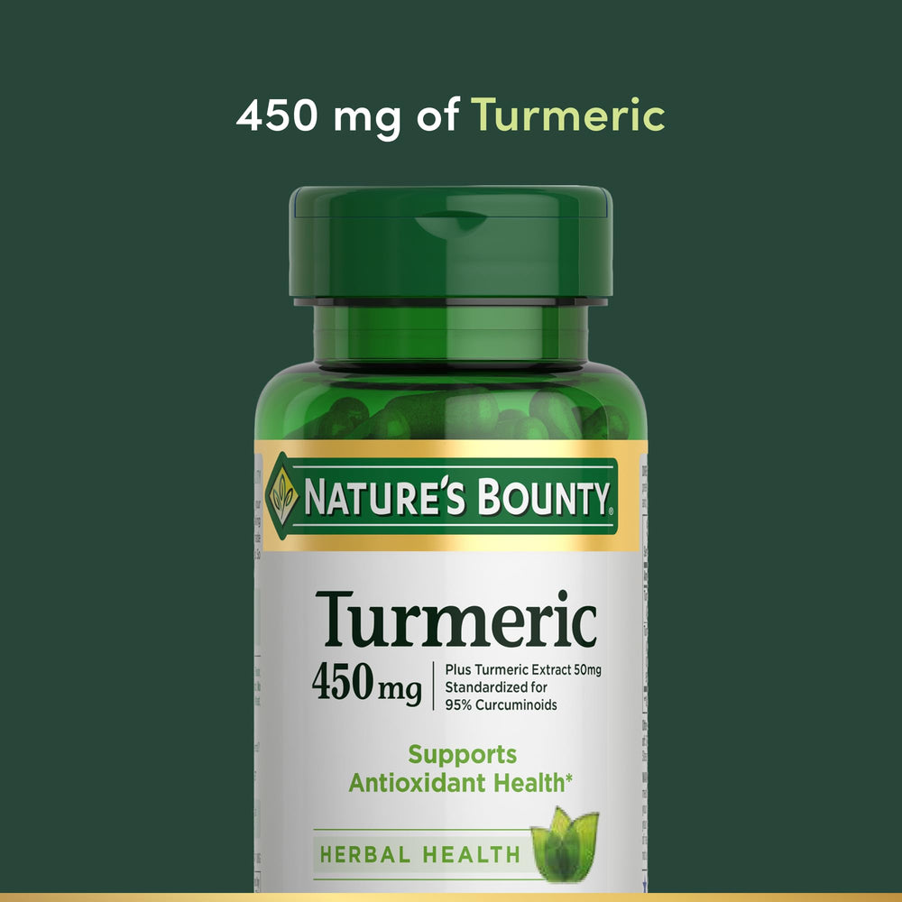 Nature's Bounty Turmeric capsules close-up of golden curcuminoid capsules for plant-based antioxidants