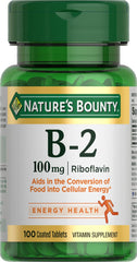 Nature's Bounty Vitamin B-2 riboflavin tablet for daily energy metabolism support.