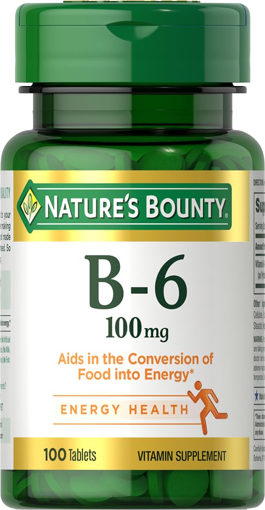 Nature's Bounty Vitamin B6 100mg tablets bottle front for energy metabolism support.