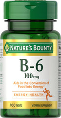 Nature's Bounty Vitamin B6 100mg tablets bottle front for energy metabolism support.