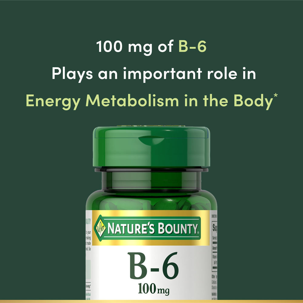 Nature's Bounty Vitamin B6 packaging shows vegetarian-friendly, non-GMO labeling.