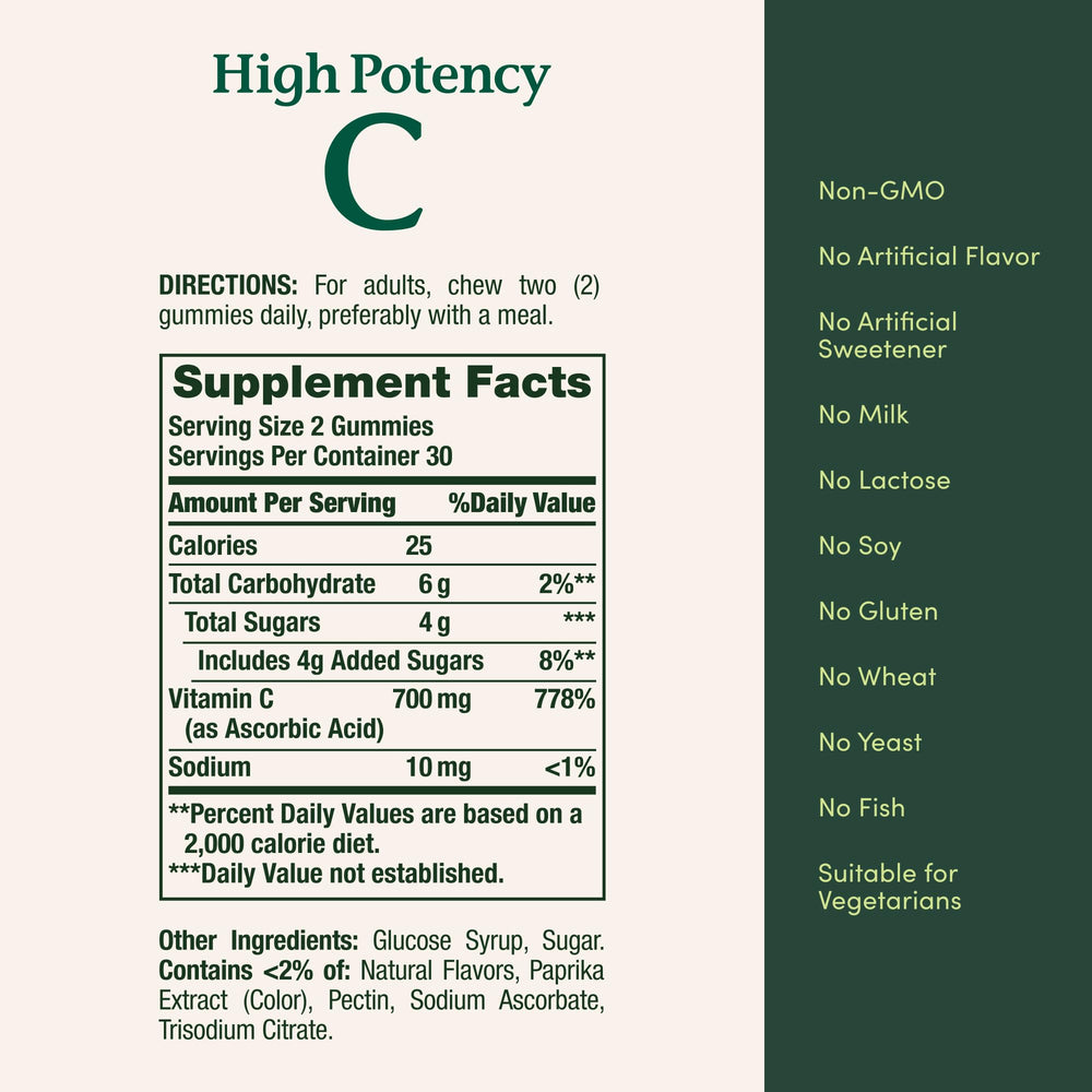Nature's Bounty Vitamin C Gummies 60-count pack highlights gluten-free ingredients.