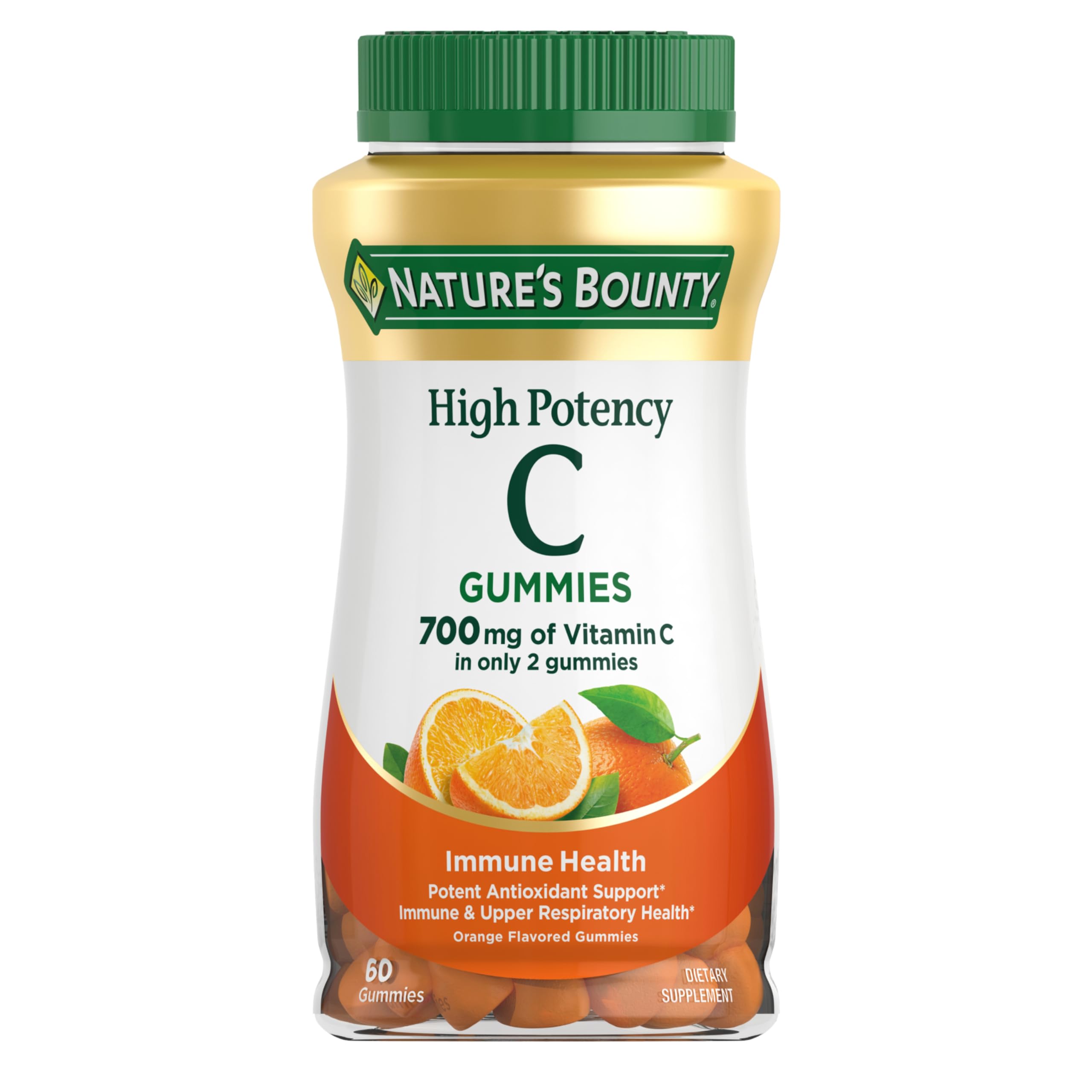 Nature's Bounty Vitamin C Gummies bottle front with orange chews for immune support.