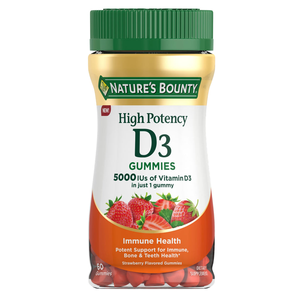 Nature's Bounty Vitamin D3 gummies bottle supports immune and bone wellness