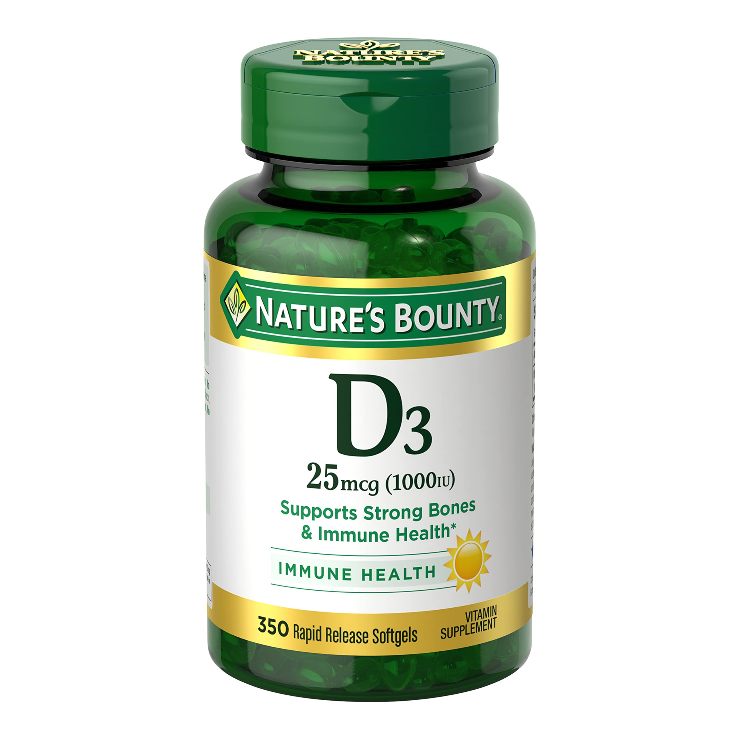 Nature's Bounty Vitamin D3 1000 IU softgel bottle for daily immune support.