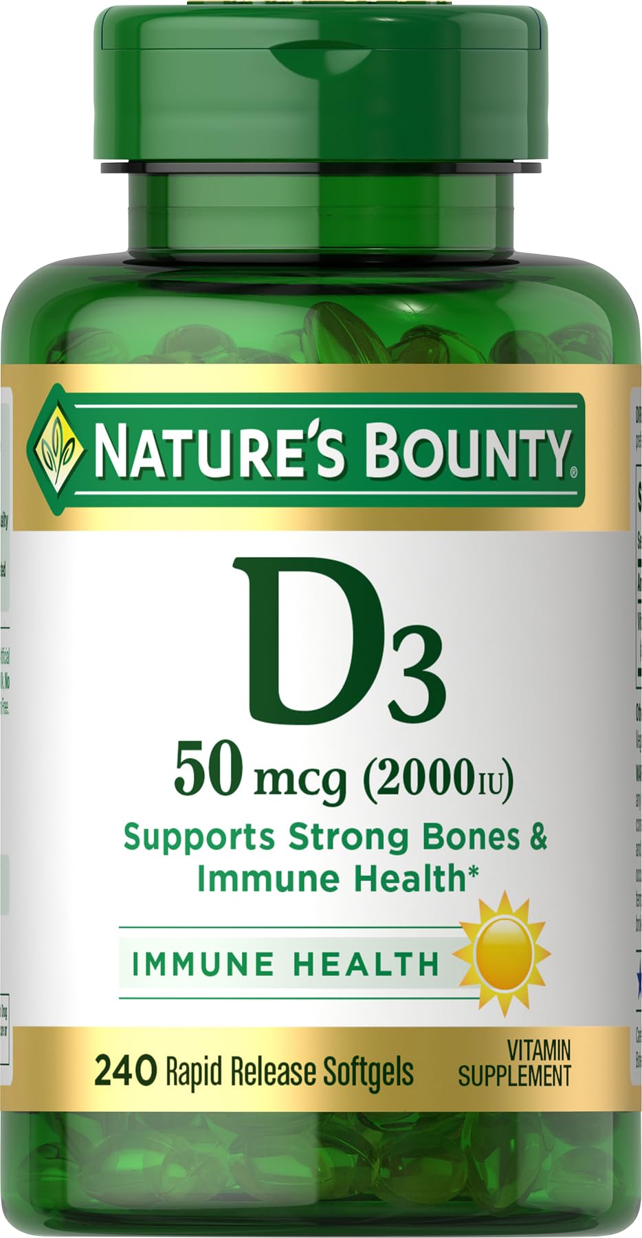 Nature's Bounty Vitamin D3 2000 IU bottle front with 240 softgels for daily immune support
