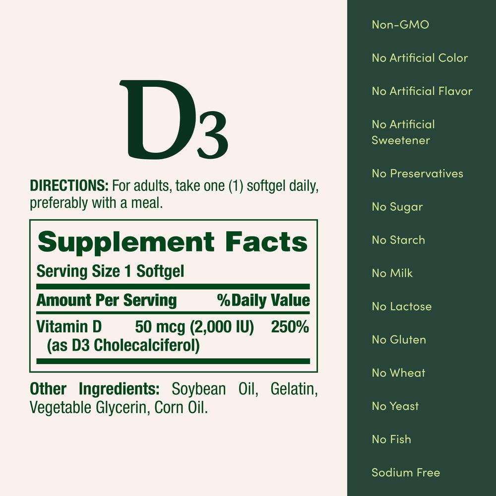 Packaging of Nature's Bounty Vitamin D3 2000 IU 240-count bottle