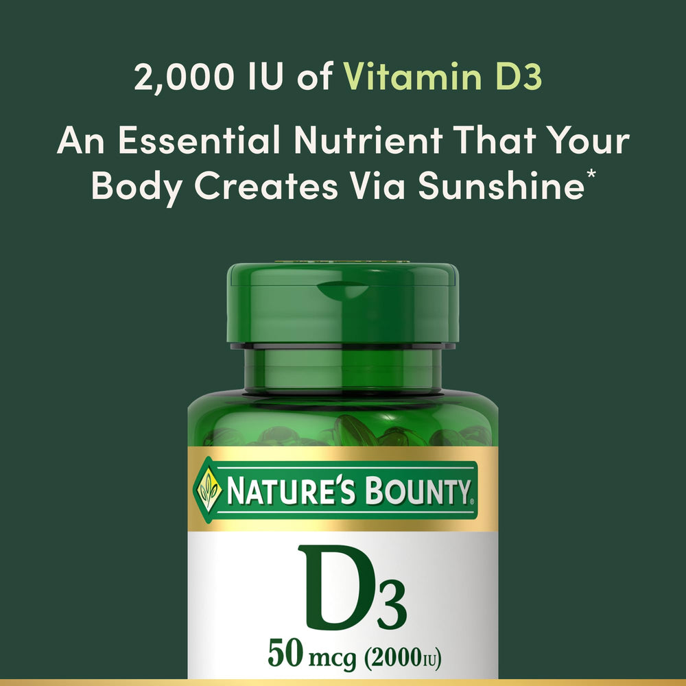Close-up of Nature's Bounty Vitamin D3 2000 IU rapid-release softgels