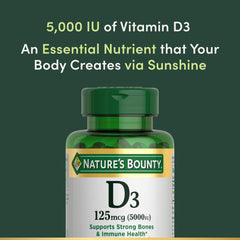 Nature's Bounty Vitamin D3 5000 IU label highlights rapid-release formula.