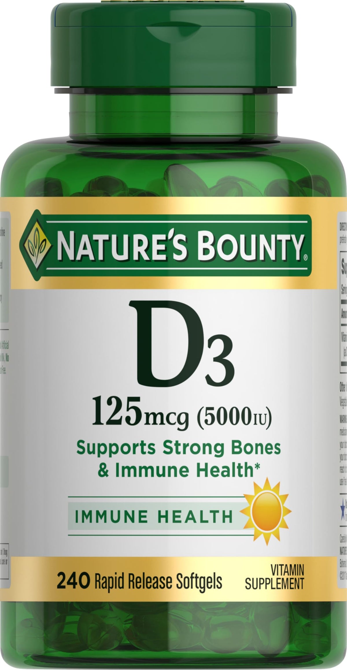 Nature's Bounty Vitamin D3 softgel bottle for daily immune and bone support.