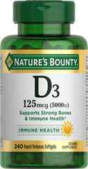Nature's Bounty Vitamin D3 softgel bottle for daily immune and bone support.
