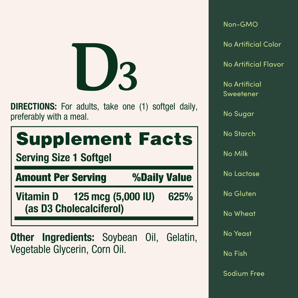 Nature's Bounty Vitamin D3 bottle shown near breakfast for daily use.