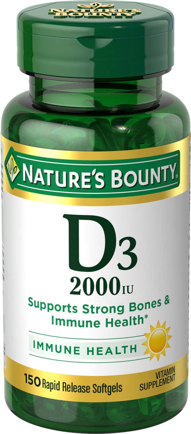 Nature's Bounty Vitamin D3 bottle cap close-up showing easy daily use