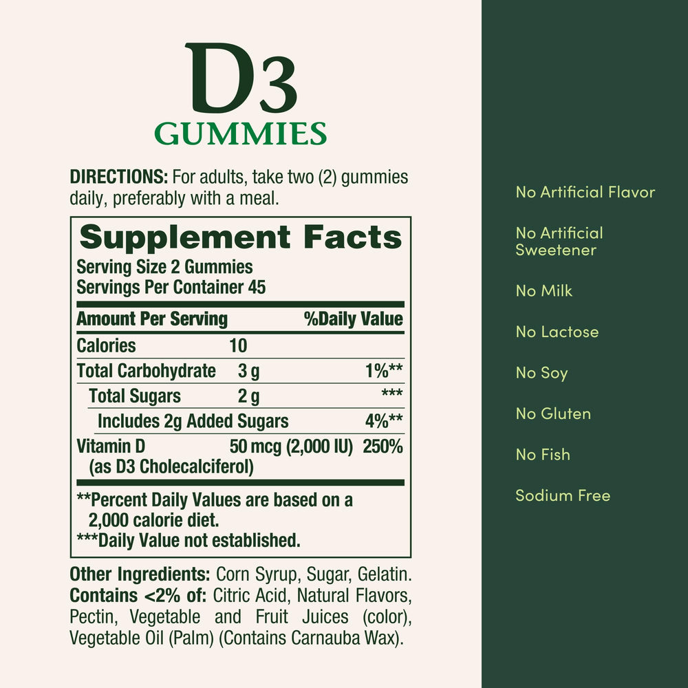 Nature's Bounty Vitamin D3 Gummies bone-support labeling suggests calcium absorption assistance