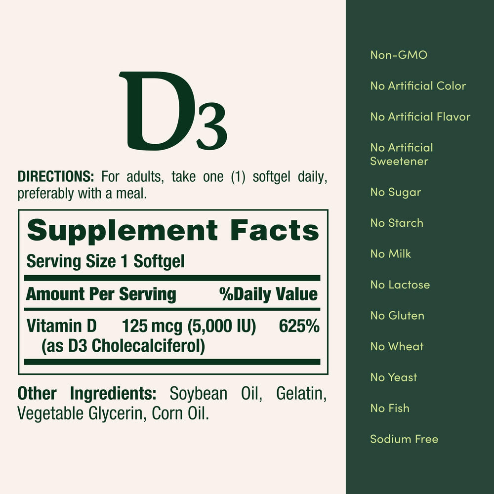 Nature's Bounty Vitamin D3 non-GMO gluten-free sugar-free claims