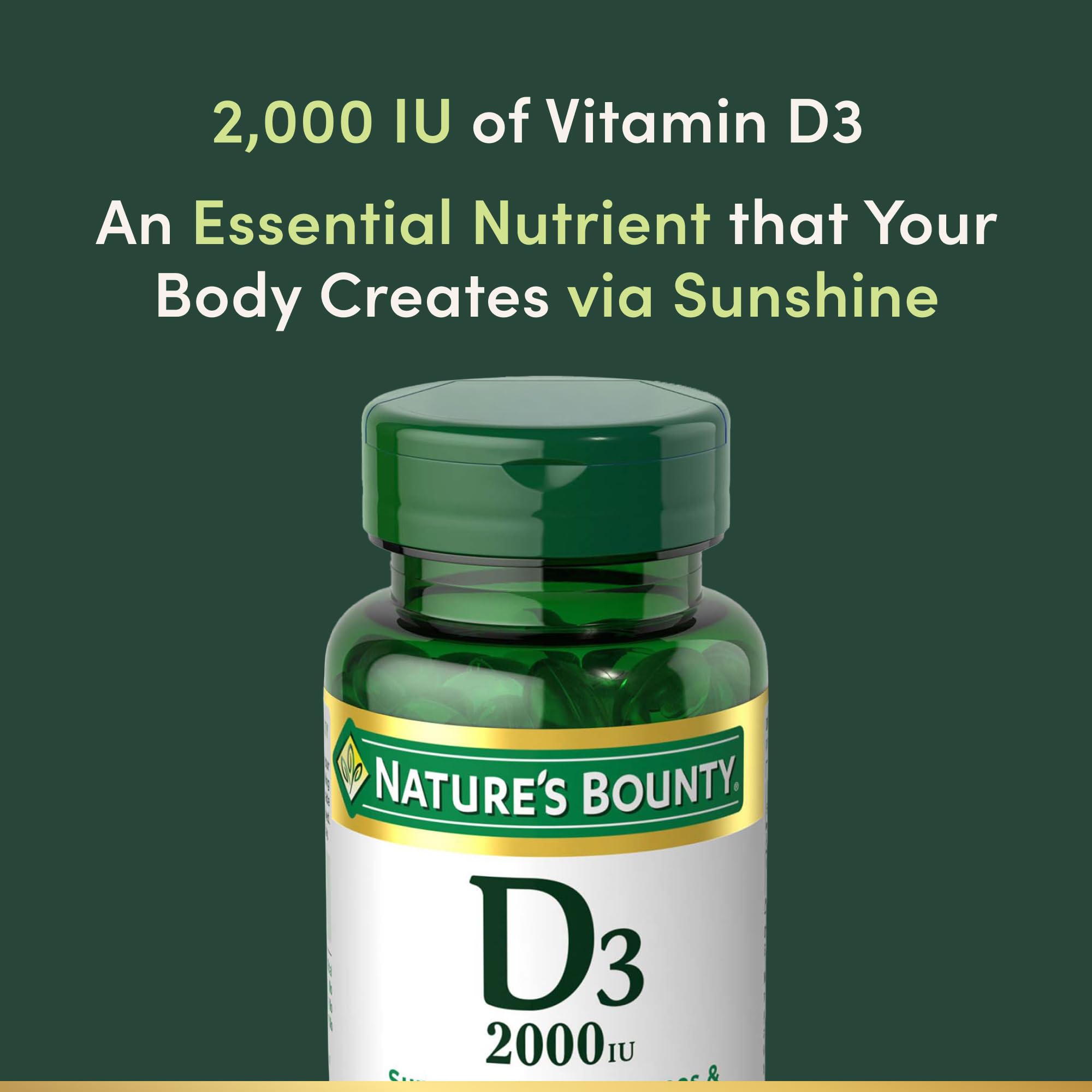 Nature's Bounty Vitamin D3 softgels poured for daily routine