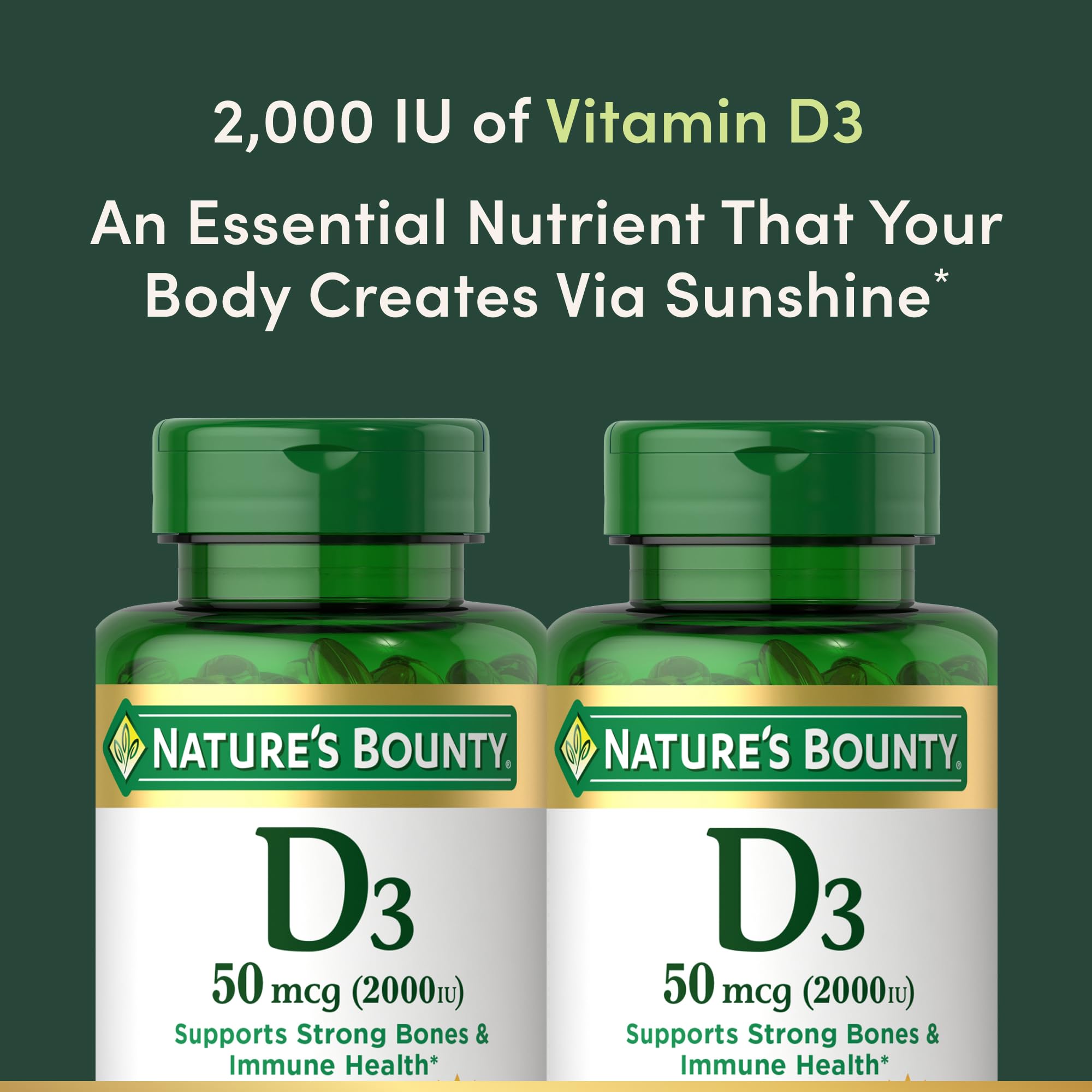Nature's Bounty Vitamin D3 twin-pack front view for year-round bone support.