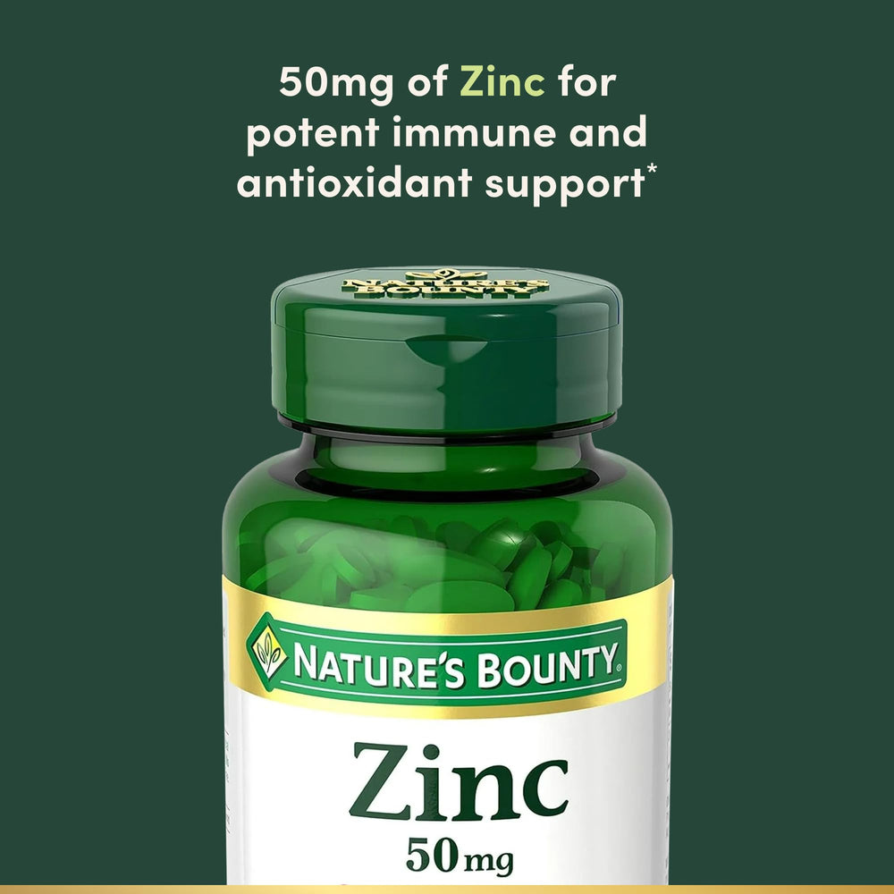Nature’s Bounty Zinc 50mg caplets label shows gluten-free and vegetarian notes.