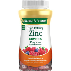 Nature's Bounty Zinc Gummies bottle front, mixed berry flavor for daily immune support.