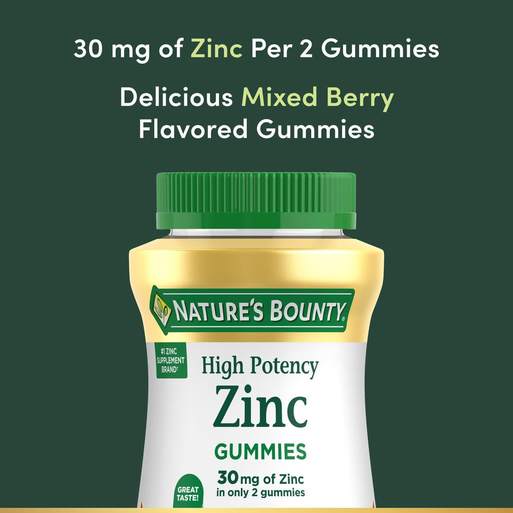 Nature's Bounty Zinc Gummies label shows 30 mg zinc and immune support.
