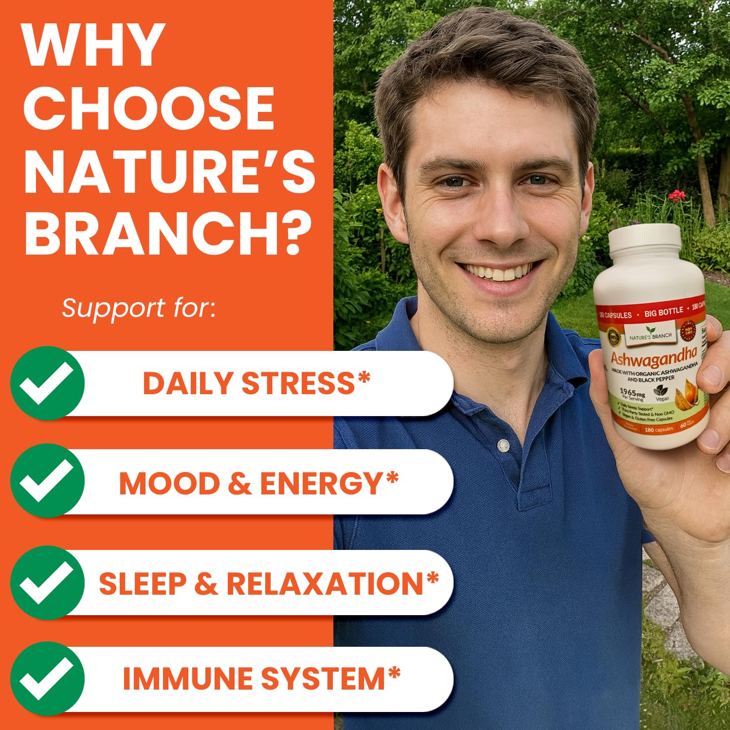 NATURE'S BRANCH ashwagandha capsules closeup shows vegan easy-to-swallow form.