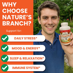 NATURE'S BRANCH ashwagandha capsules closeup shows vegan easy-to-swallow form.