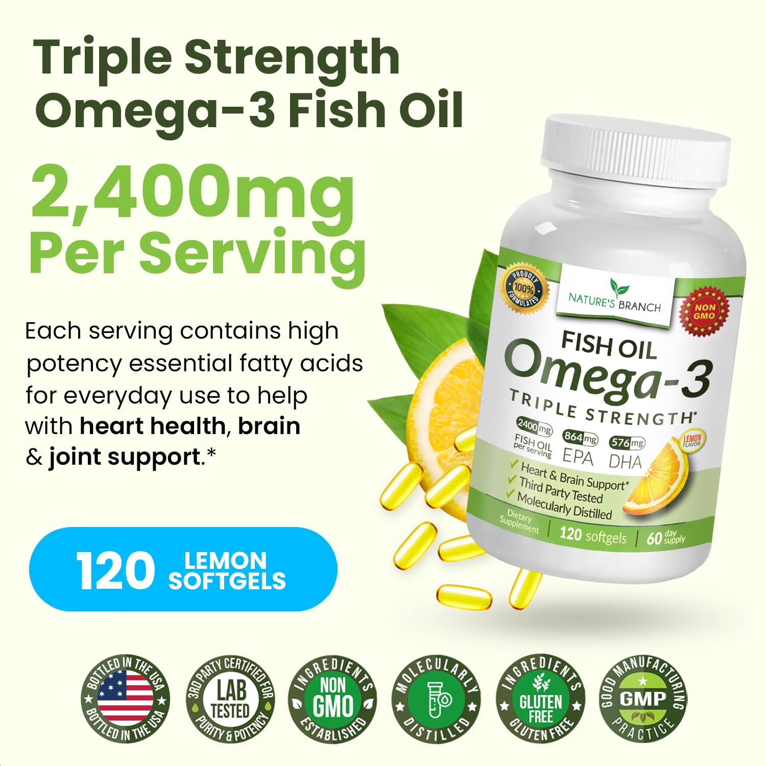 Nature's Branch EPA and DHA content emphasis suggesting heart and brain support.