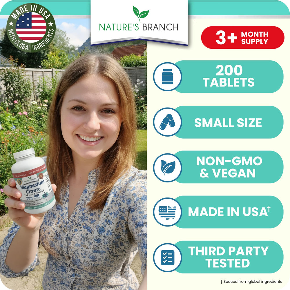 Nature's Branch Magnesium Citrate bottle back label with serving info