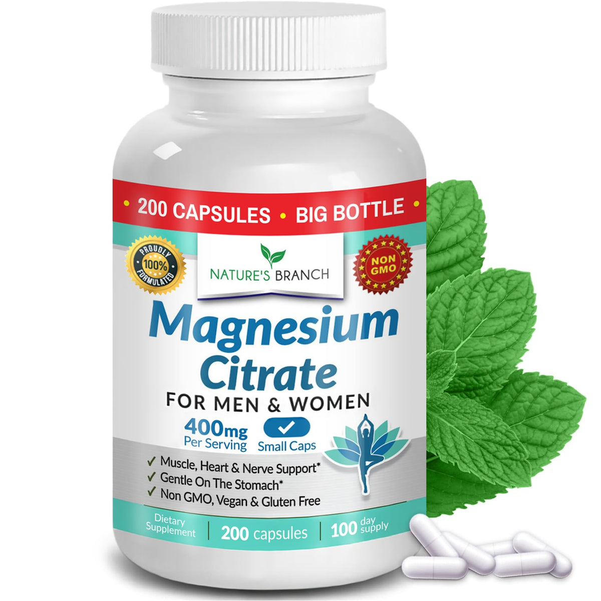 Nature's Branch Magnesium Citrate 400mg bottle front highlighting high absorption