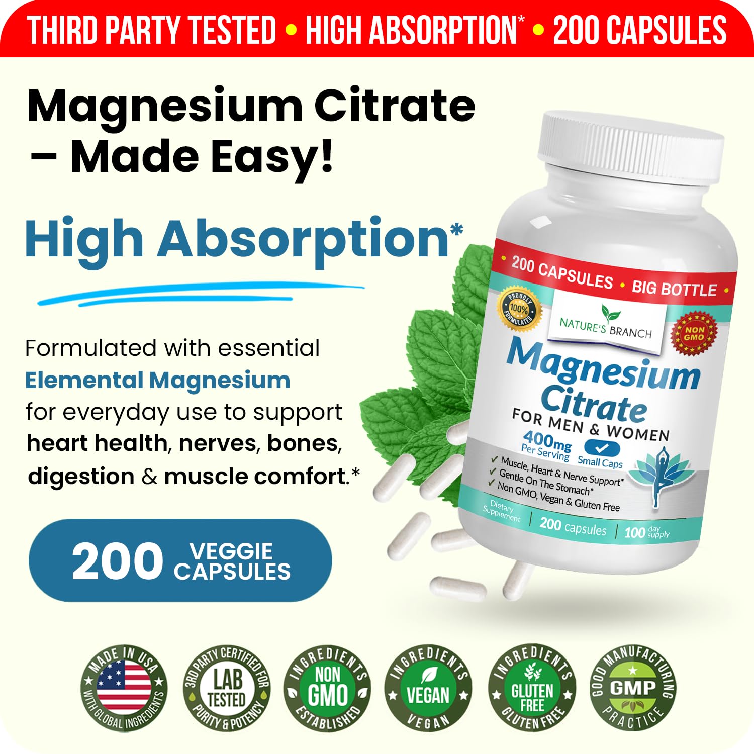 Bottle of Nature's Branch Magnesium Citrate beside a glass of water for daily intake